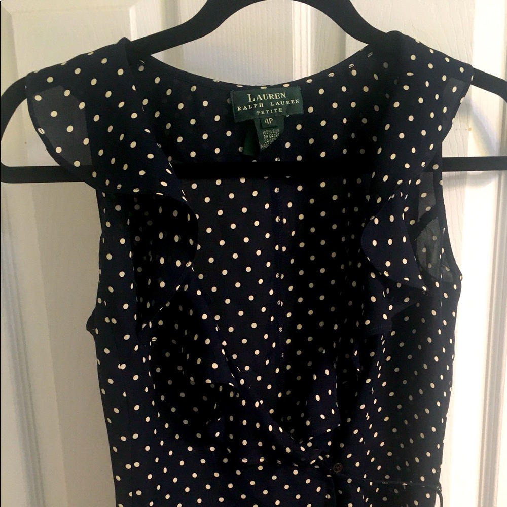 Lauren Ralph Lauren Navy Polka Dot Ruffle Sleeveless Blouse